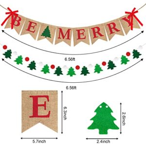 2Pcs Merry Christmas Banner, Be Merry Burlap Banner Felt Ball Christmas Tree Pom Pom Garland Happy Holidays Banner for Mantle Fireplace Christmas Xmas Party Holiday Decorations Home Outdoor Indoor