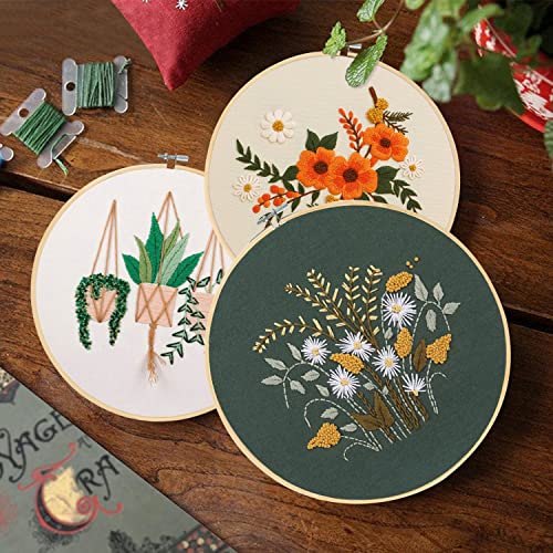 Santune 3 Sets Embroidery Starter Kit with Pattern and Instructions, Cross Stitch Set, Stamped Embroidery Kits with 3 Embroidery Clothes with Pattern, 1 Embroidery Hoops