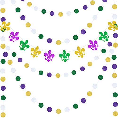 5 Pieces Mardi Gras Paper Banner Garlands, Include 4 Pieces Gold Purple Circle Dots Garland and Fleur Fe Paper Garland for Mardi Gras Theme Celebration Birthday