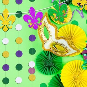 5 Pieces Mardi Gras Paper Banner Garlands, Include 4 Pieces Gold Purple Circle Dots Garland and Fleur Fe Paper Garland for Mardi Gras Theme Celebration Birthday