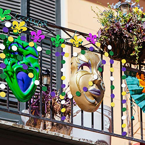 5 Pieces Mardi Gras Paper Banner Garlands, Include 4 Pieces Gold Purple Circle Dots Garland and Fleur Fe Paper Garland for Mardi Gras Theme Celebration Birthday