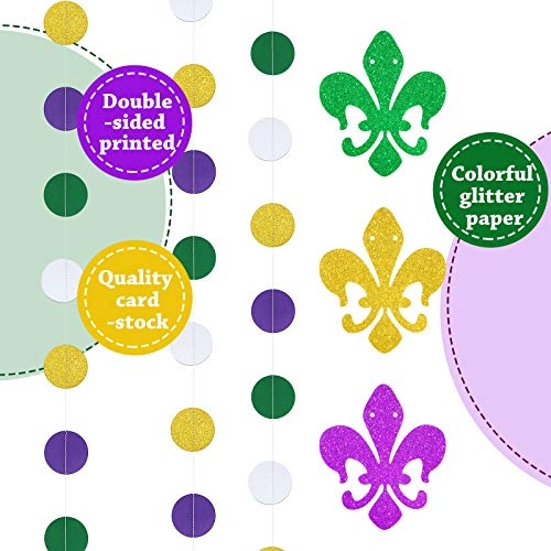 5 Pieces Mardi Gras Paper Banner Garlands, Include 4 Pieces Gold Purple Circle Dots Garland and Fleur Fe Paper Garland for Mardi Gras Theme Celebration Birthday
