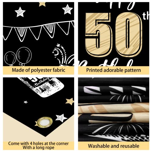 50th Birthday Banner Backdrop Decorations for Men Women, Black Gold Happy 50 Birthday Sign Party Supplies, Fifty Years Old Birthday Photo Background Poster Decor(72.8 x 43.3 Inch)