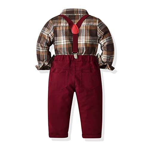 Technorox Toddler Boys Dress Clothes Set Bow Tie Flannel Plaid Shirts + Suspender Burgundy Pants Baby Gentleman Outfits Suit