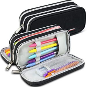 hoomil large pencil case, big capacity pencil pouch 3 compartments waterproof portable stationery bag with zipper for school office boys girls teens adults- black