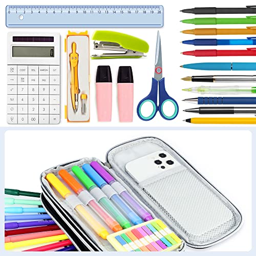 HOOMIL Large Pencil Case, Big Capacity Pencil Pouch 3 Compartments Waterproof Portable Stationery Bag with Zipper for School Office Boys Girls Teens Adults- Black