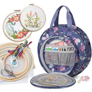 FINPAC Embroidery Project Bag, Embroidery Supplies Storage Carrying Tote Case with Multiple Pockets for Embroidery Floss, Embroidery Hoops, Thread, Stitch Tools Kit [Bag Only] - Blooming Hibiscus