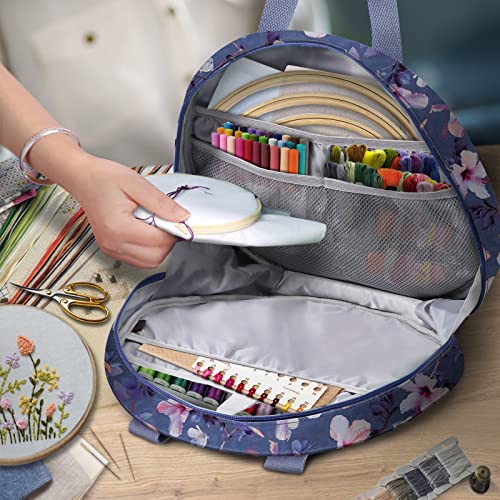 FINPAC Embroidery Project Bag, Embroidery Supplies Storage Carrying Tote Case with Multiple Pockets for Embroidery Floss, Embroidery Hoops, Thread, Stitch Tools Kit [Bag Only] - Blooming Hibiscus