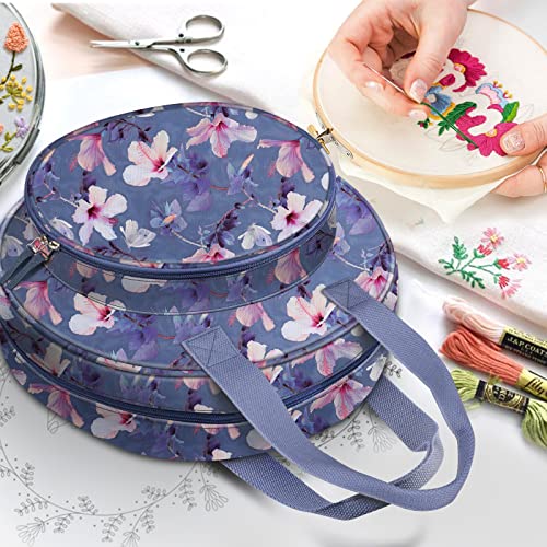 FINPAC Embroidery Project Bag, Embroidery Supplies Storage Carrying Tote Case with Multiple Pockets for Embroidery Floss, Embroidery Hoops, Thread, Stitch Tools Kit [Bag Only] - Blooming Hibiscus