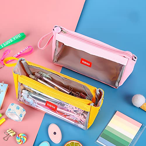 DIYOMR Clear Window Pen Bag Pencil Pouch Pen Cases for Adults, Small Makeup Bag Zipper Stationery Bag For Office Teen College Students Adults Grils Boys(Yellow)