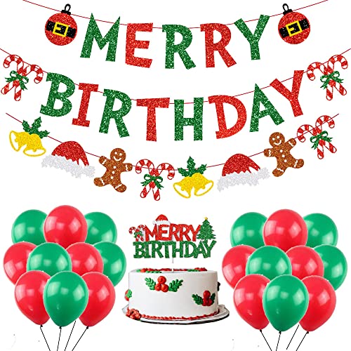 Christmas Birthday Decoration Set,Glitter Merry Birthday Banner,Santa Tree Merry Birthday Cake Topper and 30pcs Christmas Balloons for Christmas Birthday Party,Winter Holiday Baby Shower Birthday Party Decor