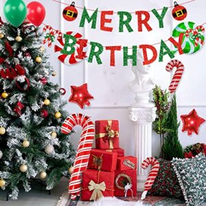 Christmas Birthday Decoration Set,Glitter Merry Birthday Banner,Santa Tree Merry Birthday Cake Topper and 30pcs Christmas Balloons for Christmas Birthday Party,Winter Holiday Baby Shower Birthday Party Decor