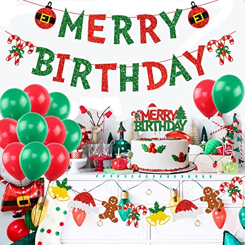 Christmas Birthday Decoration Set,Glitter Merry Birthday Banner,Santa Tree Merry Birthday Cake Topper and 30pcs Christmas Balloons for Christmas Birthday Party,Winter Holiday Baby Shower Birthday Party Decor