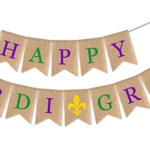 SWYOUN Burlap Happy Mardi Gras Banner Party Backdrop Garland Decoration Supplies