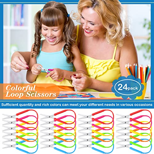 24 Pieces Mini Loop Scissors Colorful Grip Scissors Safety Kids Scissors 5.5in Adaptive Scissors for Kids Special Needs Scissors,Left Handed Scissors for Toddler Loop Handle Self Opening Scissors