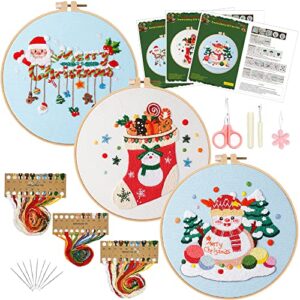 christmas embroidery kits,3 sets embroidery starter kits with christmas pattern for adults, cross stitch kits for beginners include embroidery hoop, threads, stich instructions