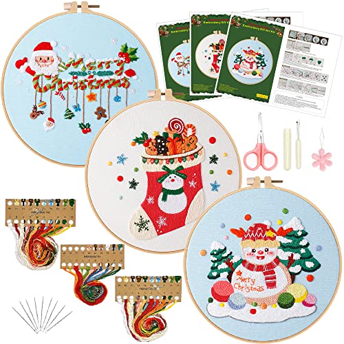 Christmas Embroidery Kits,3 Sets Embroidery Starter Kits with Christmas Pattern for Adults, Cross Stitch Kits for Beginners Include Embroidery Hoop, Threads, Stich Instructions