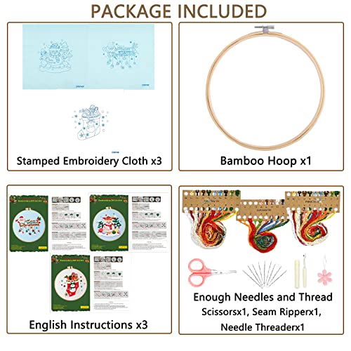 Christmas Embroidery Kits,3 Sets Embroidery Starter Kits with Christmas Pattern for Adults, Cross Stitch Kits for Beginners Include Embroidery Hoop, Threads, Stich Instructions