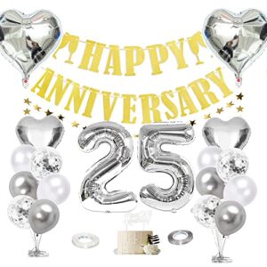 25th anniversary decorations, happy 25th wedding anniversary decorations with banner, 25th cake topper, huge number letter, gold star hanging, balloons for happy 25th anniversary decorations