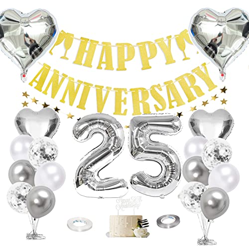 25th Anniversary Decorations, Happy 25th Wedding Anniversary Decorations with Banner, 25th Cake Topper, Huge Number Letter, Gold Star Hanging, Balloons for Happy 25th Anniversary Decorations