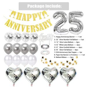 25th Anniversary Decorations, Happy 25th Wedding Anniversary Decorations with Banner, 25th Cake Topper, Huge Number Letter, Gold Star Hanging, Balloons for Happy 25th Anniversary Decorations