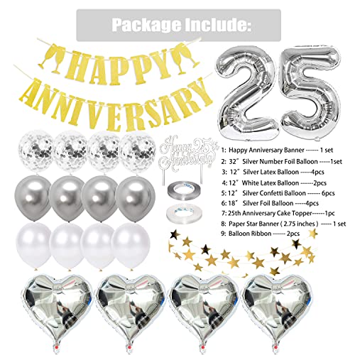 25th Anniversary Decorations, Happy 25th Wedding Anniversary Decorations with Banner, 25th Cake Topper, Huge Number Letter, Gold Star Hanging, Balloons for Happy 25th Anniversary Decorations