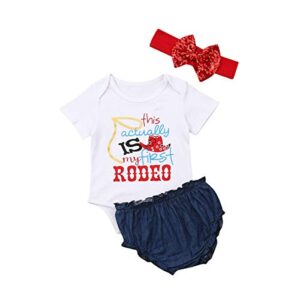 newborn baby girls my first rodeo outfits short sleeve letter printed romper tops denim shorts headband set 0-18m(3-6m,white)