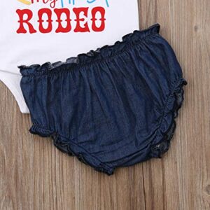 Newborn Baby Girls My First Rodeo Outfits Short Sleeve Letter Printed Romper Tops Denim Shorts Headband Set 0-18M(3-6M,White)