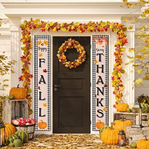 happy fall giving thanks fall banner fall thanksgiving porch sign autumn vintage harvest welcome hanging banner with pumpkin maple leaves patterns for indoor outdoor party decorations (black)