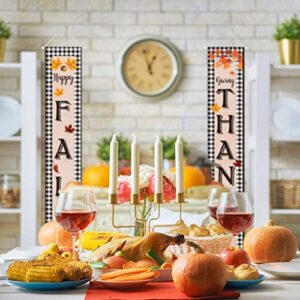 Happy Fall Giving Thanks Fall Banner Fall Thanksgiving Porch Sign Autumn Vintage Harvest Welcome Hanging Banner with Pumpkin Maple Leaves Patterns for Indoor Outdoor Party Decorations (Black)