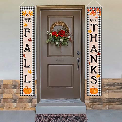 Happy Fall Giving Thanks Fall Banner Fall Thanksgiving Porch Sign Autumn Vintage Harvest Welcome Hanging Banner with Pumpkin Maple Leaves Patterns for Indoor Outdoor Party Decorations (Black)