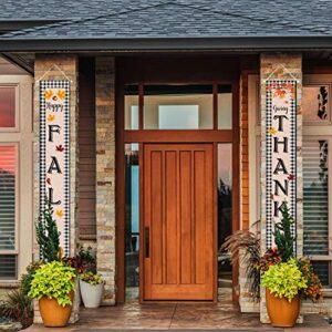 Happy Fall Giving Thanks Fall Banner Fall Thanksgiving Porch Sign Autumn Vintage Harvest Welcome Hanging Banner with Pumpkin Maple Leaves Patterns for Indoor Outdoor Party Decorations (Black)