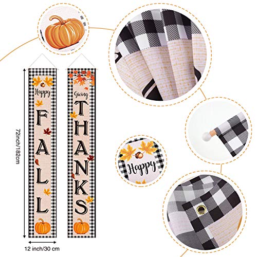 Happy Fall Giving Thanks Fall Banner Fall Thanksgiving Porch Sign Autumn Vintage Harvest Welcome Hanging Banner with Pumpkin Maple Leaves Patterns for Indoor Outdoor Party Decorations (Black)
