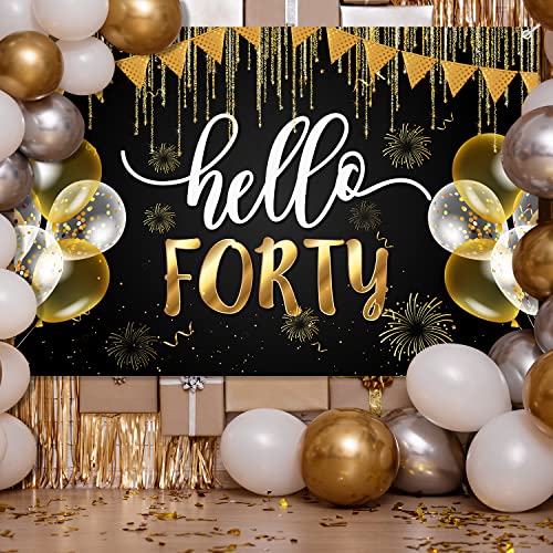 Hello Forty Banner Happy 40th Birthday Backdrop Decorations Black Gold 40 Years Old Background Bday for Women Men Photography Party Decor Supplies