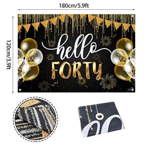 Hello Forty Banner Happy 40th Birthday Backdrop Decorations Black Gold 40 Years Old Background Bday for Women Men Photography Party Decor Supplies