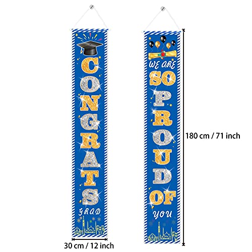 JoneTing 2022 Graduation Decorations Gold White and Blue Graduate Hanging Banner Congrats Grad Class of 2022 Banner We Are So Proud of You for College Banner Graduation Party Decor Party Supplies for Graduation