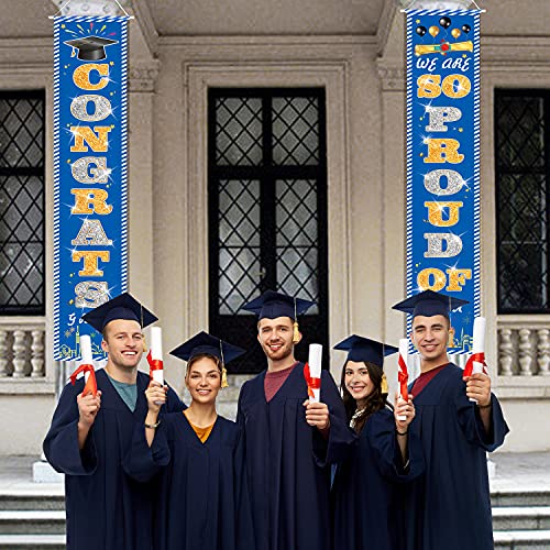 JoneTing 2022 Graduation Decorations Gold White and Blue Graduate Hanging Banner Congrats Grad Class of 2022 Banner We Are So Proud of You for College Banner Graduation Party Decor Party Supplies for Graduation