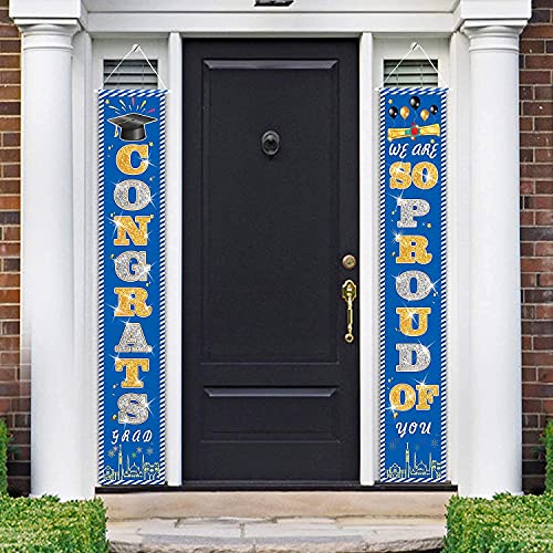 JoneTing 2022 Graduation Decorations Gold White and Blue Graduate Hanging Banner Congrats Grad Class of 2022 Banner We Are So Proud of You for College Banner Graduation Party Decor Party Supplies for Graduation