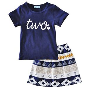 FAYALEQ Toddler Baby Girls Birthday Outfits Letter Print Short Sleeve Tops and Skirt Clothes Party Dress Set Size 2-3Years (Dark Blue)