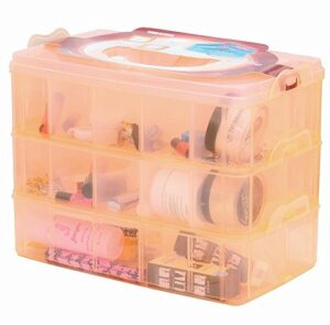 djunxyan 3-tier 30 sections transparent stackable adjustable compartment slot plastic craft storage box organizer for toy desktop jewelry accessory drawer or kitchen 4 colors 3 sizes(large orange)
