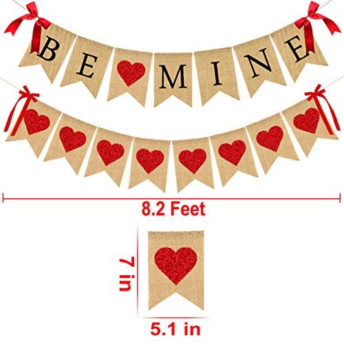 Be Mine Banner Red Glitter Heart Banner Garland Romantic Decorations Burlap Bunting Photo Props Valentine's Day Decorations for Wedding Engagement Home Party Fireplace Mantle Decoration