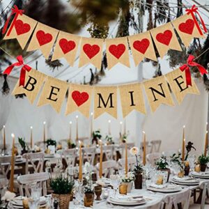 Be Mine Banner Red Glitter Heart Banner Garland Romantic Decorations Burlap Bunting Photo Props Valentine's Day Decorations for Wedding Engagement Home Party Fireplace Mantle Decoration