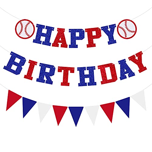 Baseball Birthday Banner - Baseball Happy Birthday Banner and Felt Pennants for Sports/Baseball Theme Birthday Party decorations (Pre-Strung)