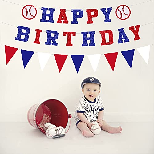 Baseball Birthday Banner - Baseball Happy Birthday Banner and Felt Pennants for Sports/Baseball Theme Birthday Party decorations (Pre-Strung)