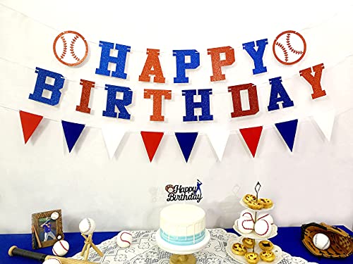 Baseball Birthday Banner - Baseball Happy Birthday Banner and Felt Pennants for Sports/Baseball Theme Birthday Party decorations (Pre-Strung)