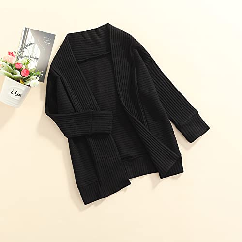 Lamuusaa Toddler Kid Baby Girls Knitted Cardigan Sweater Long Sleeve Knitted Open Front Coats Jacket Solid Outwear Knitwear (Long-Black, 2-3T)