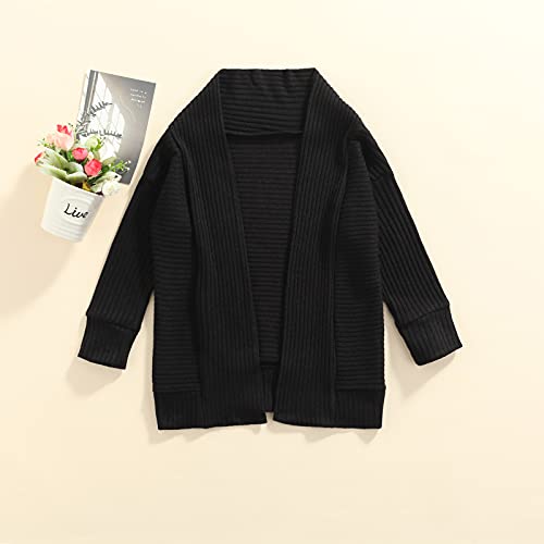 Lamuusaa Toddler Kid Baby Girls Knitted Cardigan Sweater Long Sleeve Knitted Open Front Coats Jacket Solid Outwear Knitwear (Long-Black, 2-3T)