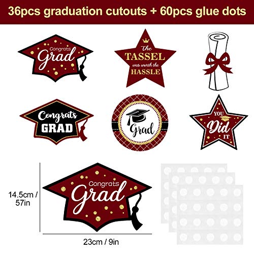 Graduation Cutouts 36 Pack 2023 Graduation Party Decorations Congrats Grad Cap Shaped DIY Cut-Outs (Maroon)