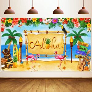 trewave large hawaiian aloha party decoration, tropical luau party backdrop, summer beach photography background, hawaiian party baby shower tiki themed birthday banner wall decor, 72.8 x 43.3 inch