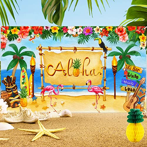 TREWAVE Large Hawaiian Aloha Party Decoration, Tropical Luau Party Backdrop, Summer Beach Photography Background, Hawaiian Party Baby Shower Tiki Themed Birthday Banner Wall Decor, 72.8 x 43.3 Inch